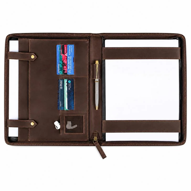 Open brown leather portfolio with card slots, pen loop, and notepad straps.