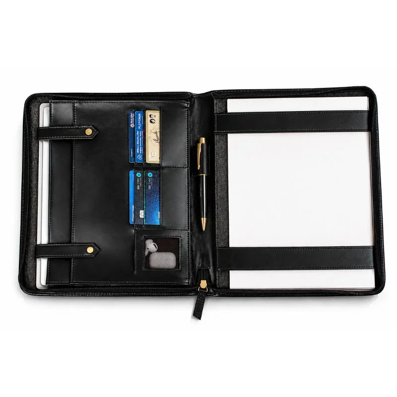 Open black leather zippered portfolio with a notepad held by elastic straps on the right, and card slots,