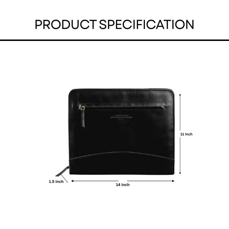 Black leather file folder with measurements on a white background