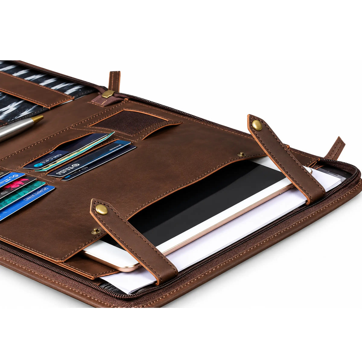 Open black leather zippered portfolio with a notepad held by elastic straps on the right, and card slots with hook