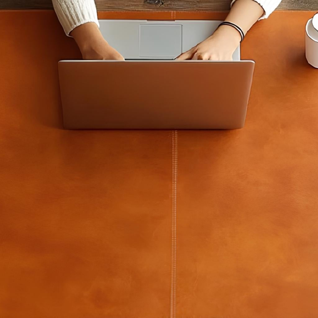 Person using a laptop on a large brown leather mat with a plant and small container.