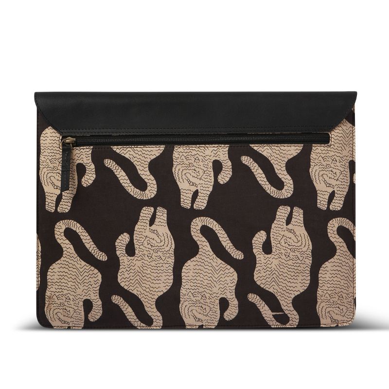Black laptop sleeve with beige animal pattern on a white background