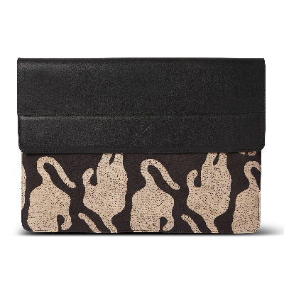 Black laptop sleeve with beige tiger pattern on a white background