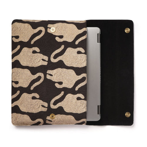 Black case with beige laptop sleeve tiger pattern on a white background