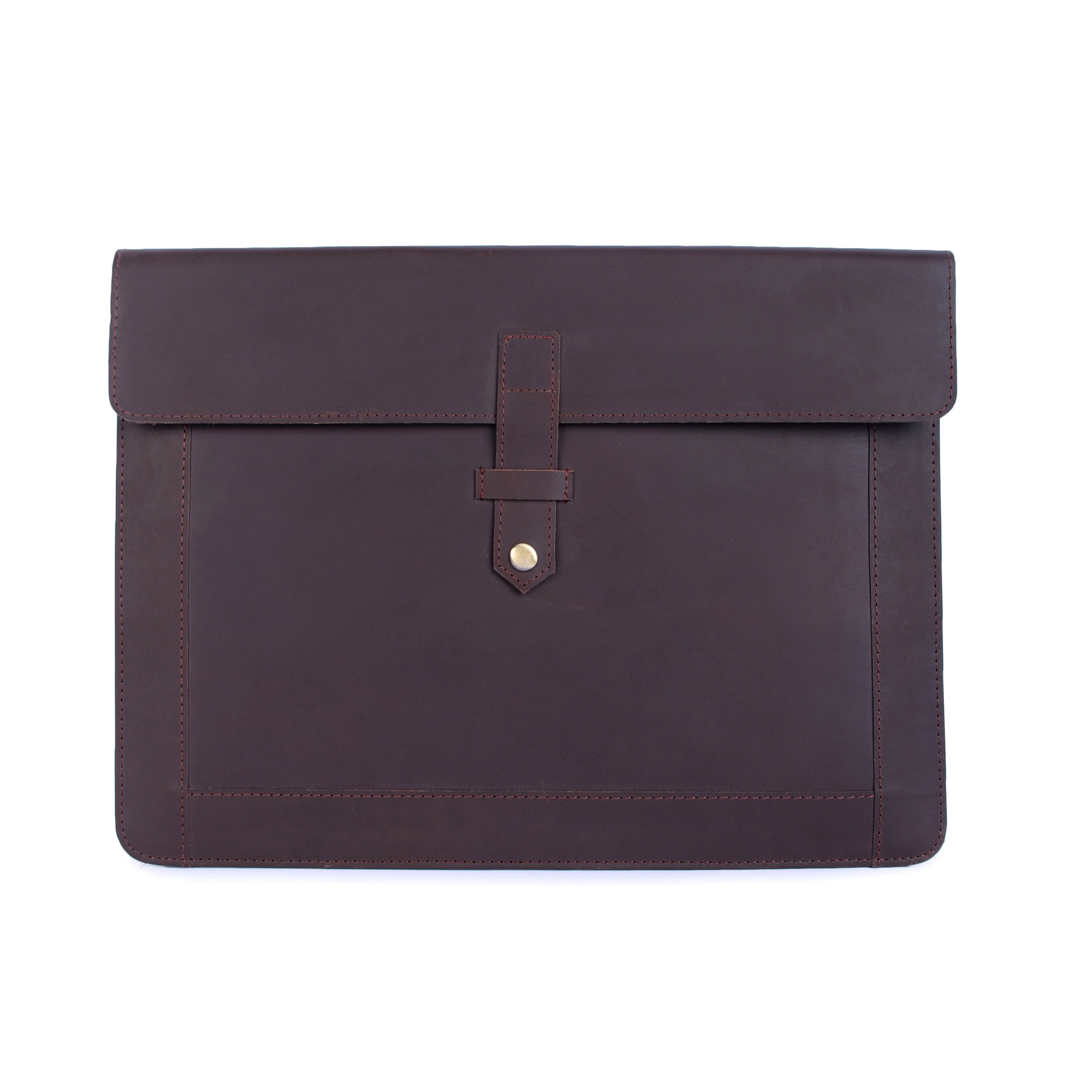 Dark brown leather envelope with a buckle on a white background