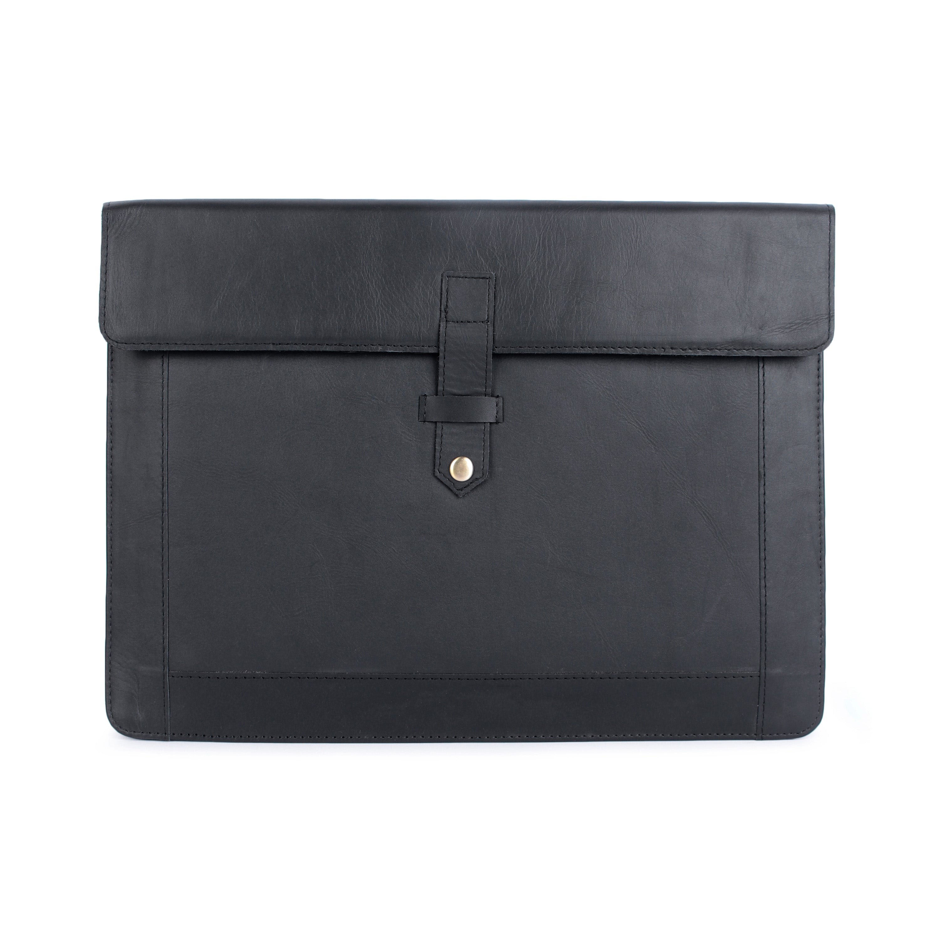Black leather envelope-style bag with a buckle on a white background