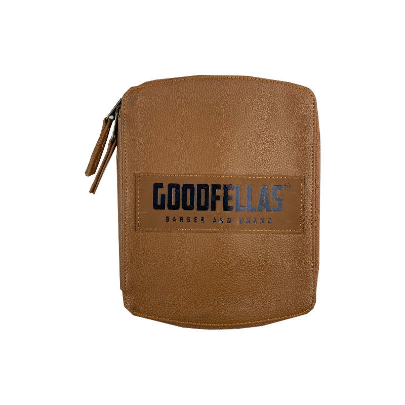 Brown leather Barber kit with 'Goodfellas' branding on a white background