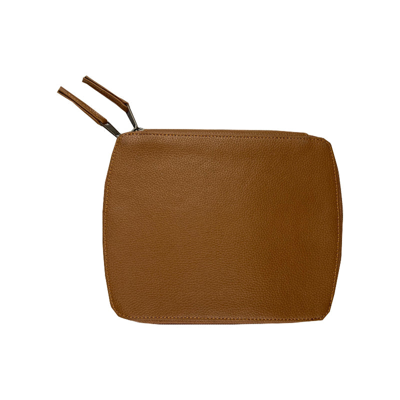 Brown leather Barber kit with a zipper on a white background