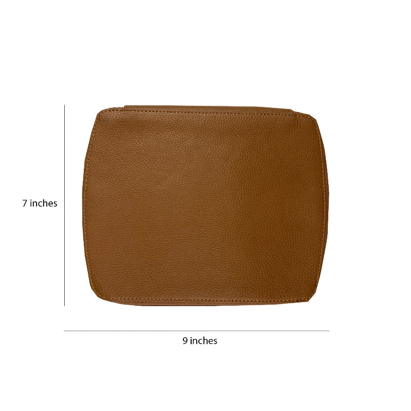 Brown leather Barber kit with dimensions indicated on a white background