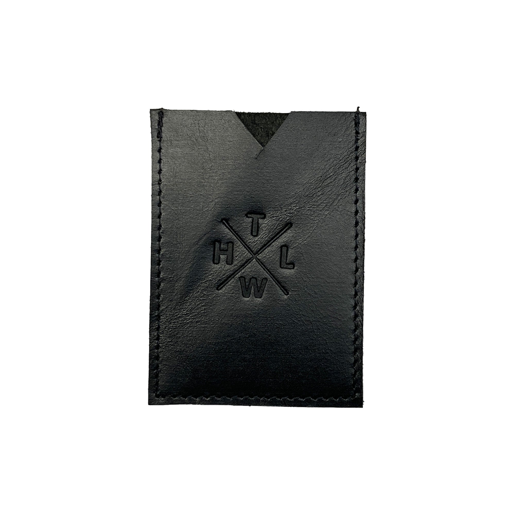 Black leather wallet with embossed logo on a white background