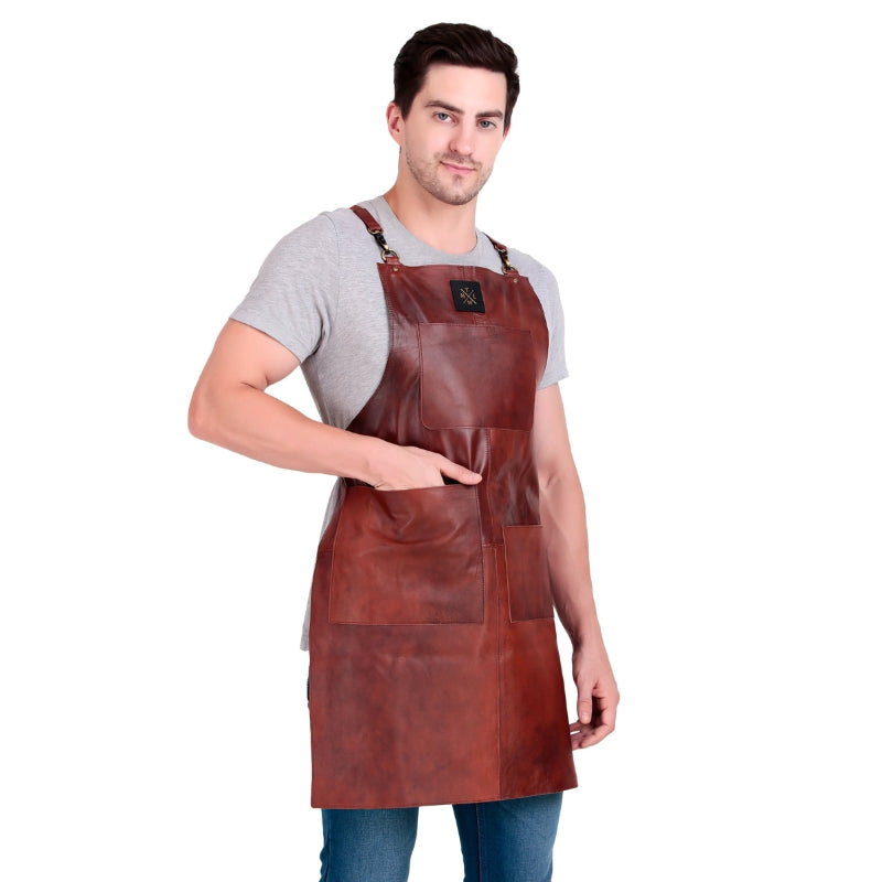 Man wearing a brown leather apron on a white background