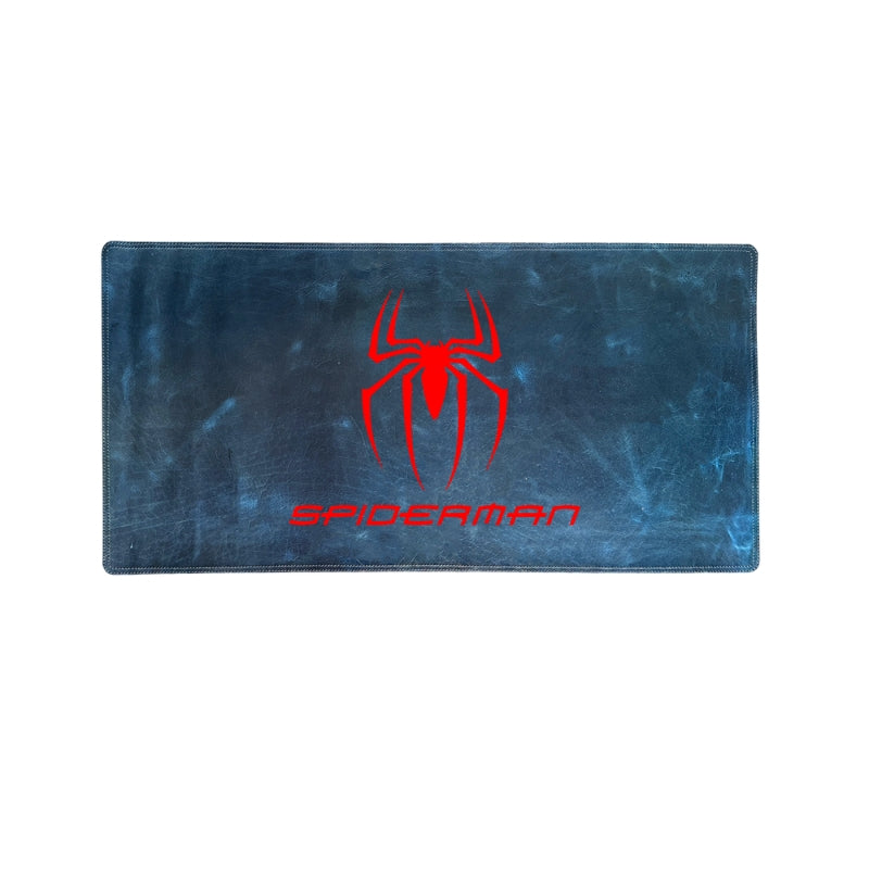 Blue desk mat with red Spider-Man logo on a white background