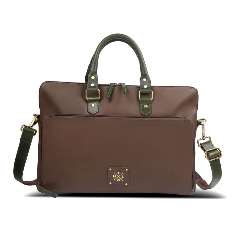 Chocolate Brown leather briefcase with green straps on a white background