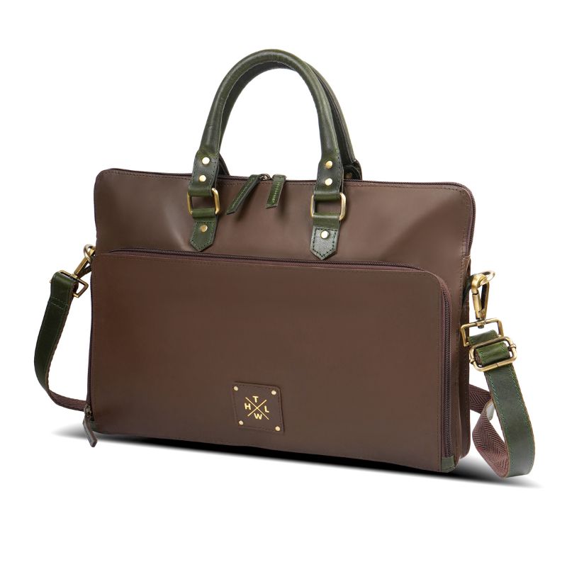 Chocolate Brown leather briefcase with green straps on a white background