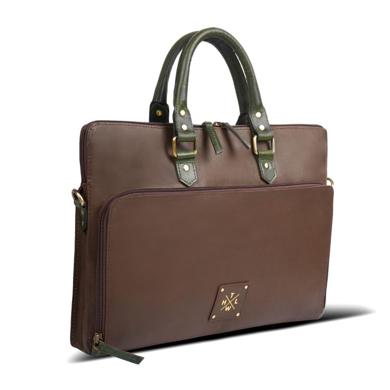 Chocolate Brown leather briefcase with green handles on a white background