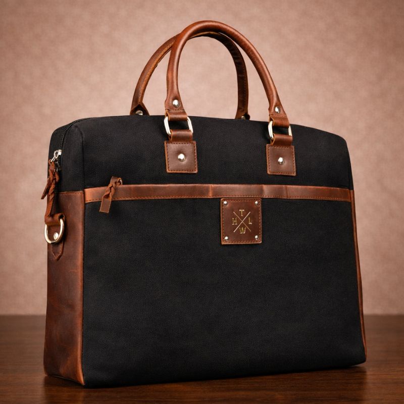Black canvas bag with brown leather accents on a wooden surface and brown background