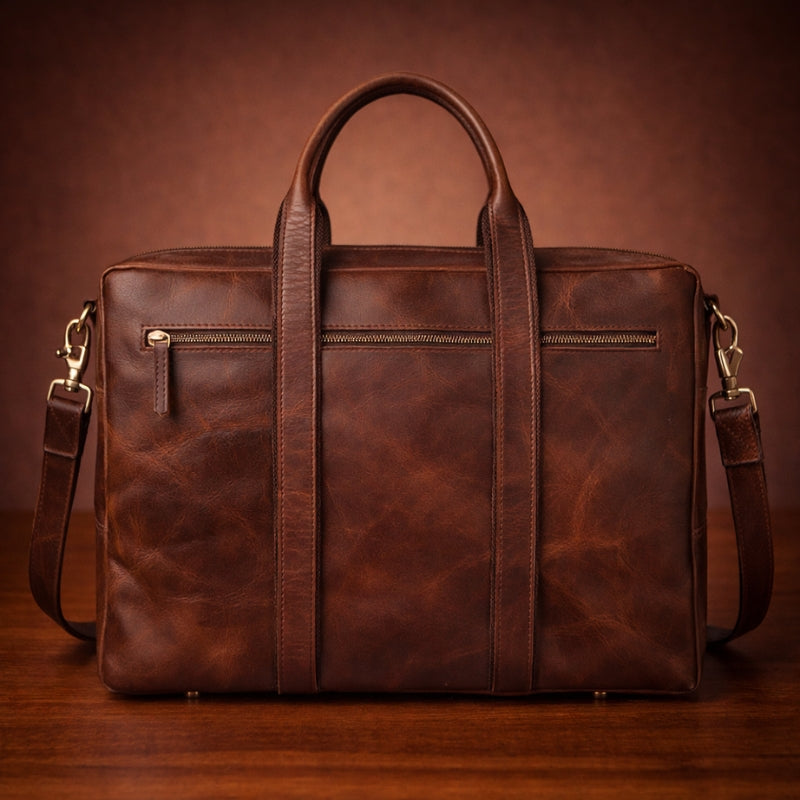 Brown leather bag with a shoulder strap on a brown background
