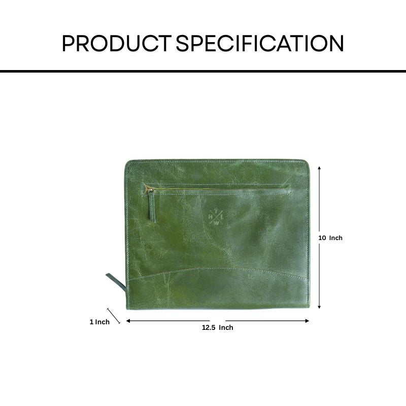 Green leather file folder with dimensions on a white background