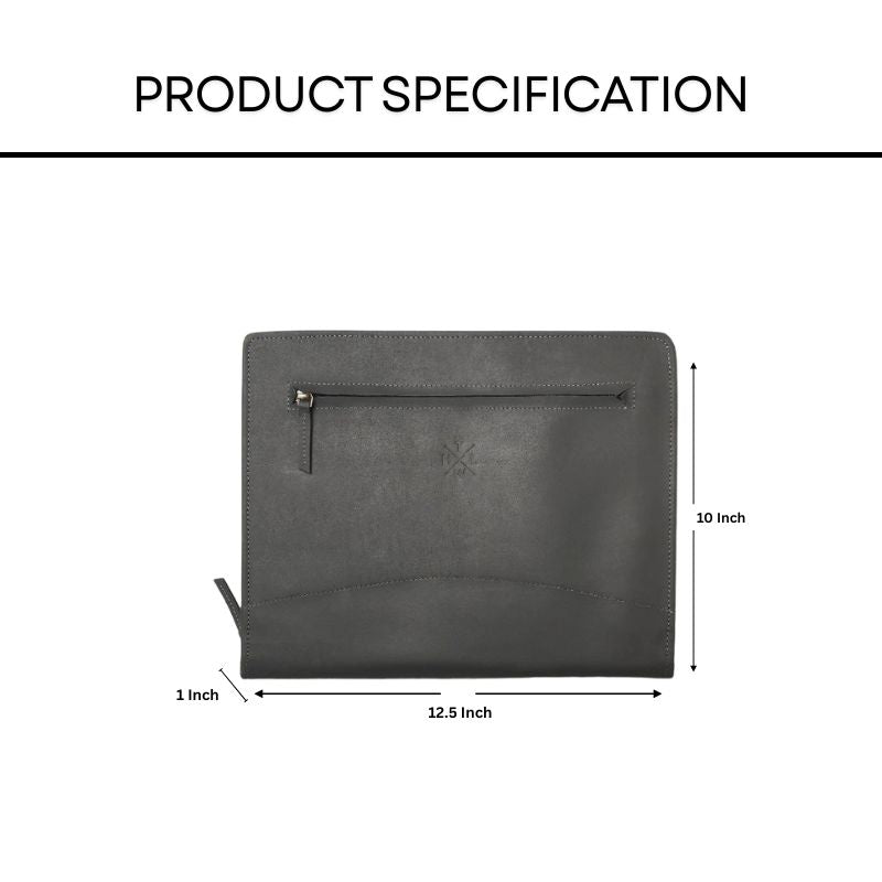 Black leather file folder with measurements on a white background