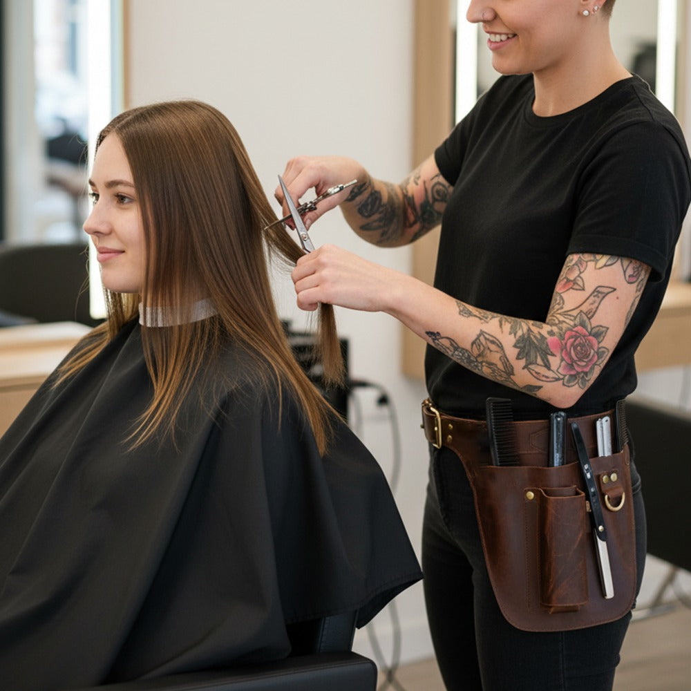 Hairdresser cutting a customer's hair in a salon setting