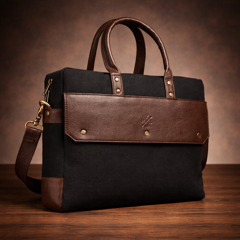 Black and brown handbag with canvas & leather accents on a wooden surface