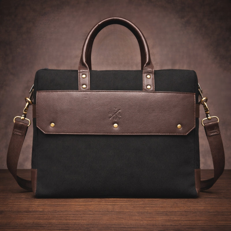 Black and brown canvas & leather bag with gold accents on a wooden surface and dark background