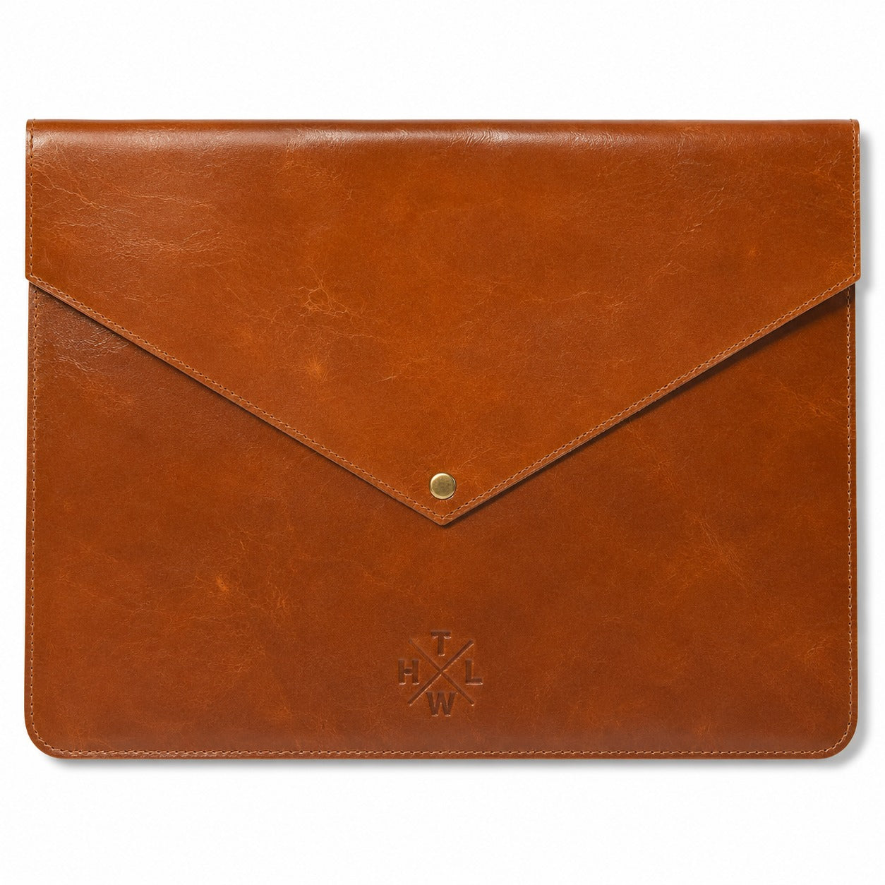 A brown leather envelope-style pouch with a flap closure and a small metal snap button, shown on a plain white background. An embossed monogram is visible near the bottom center.