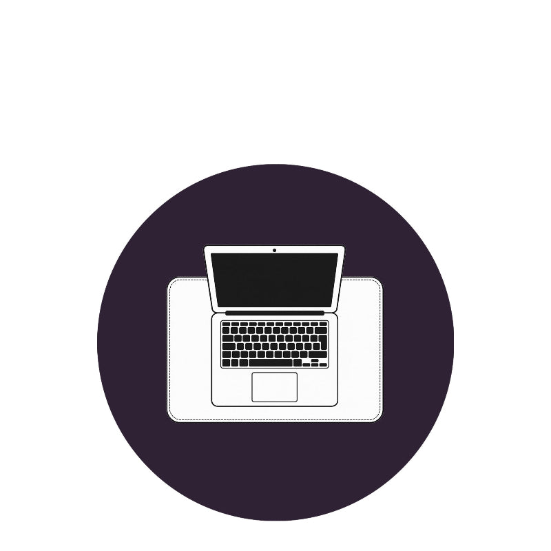 Outline of a laptop on a white background with a purple circle