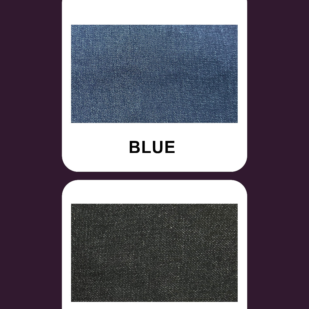 Two Denim swatches labeled 'Blue' and 'Black' on a dark background