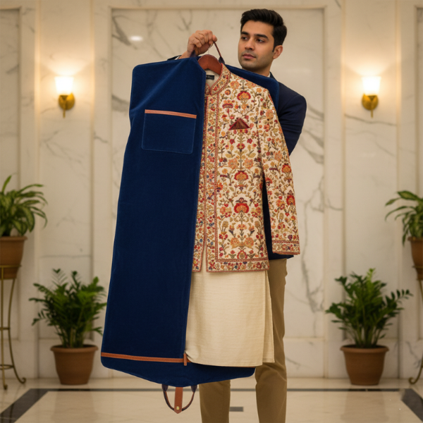 Man holding a traditional embroidered jacket on a hanger against a marble wall.