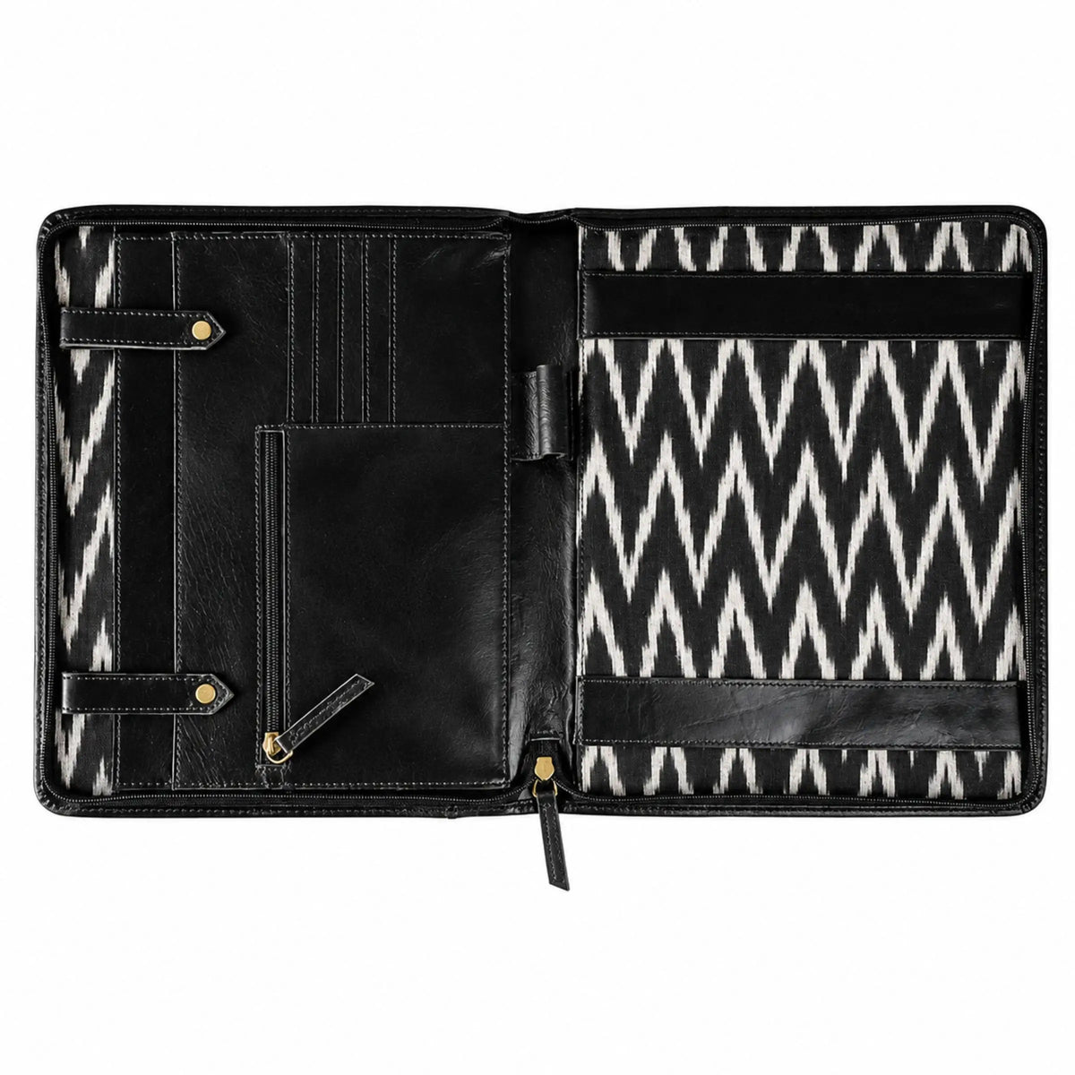 open view showing black and white ikat lining
