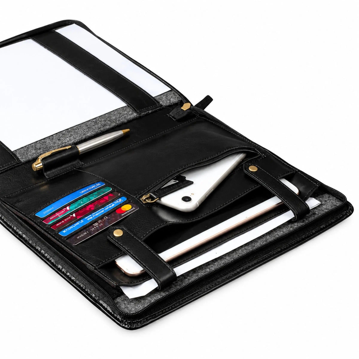 open with pen, cards, phone and tablet stored