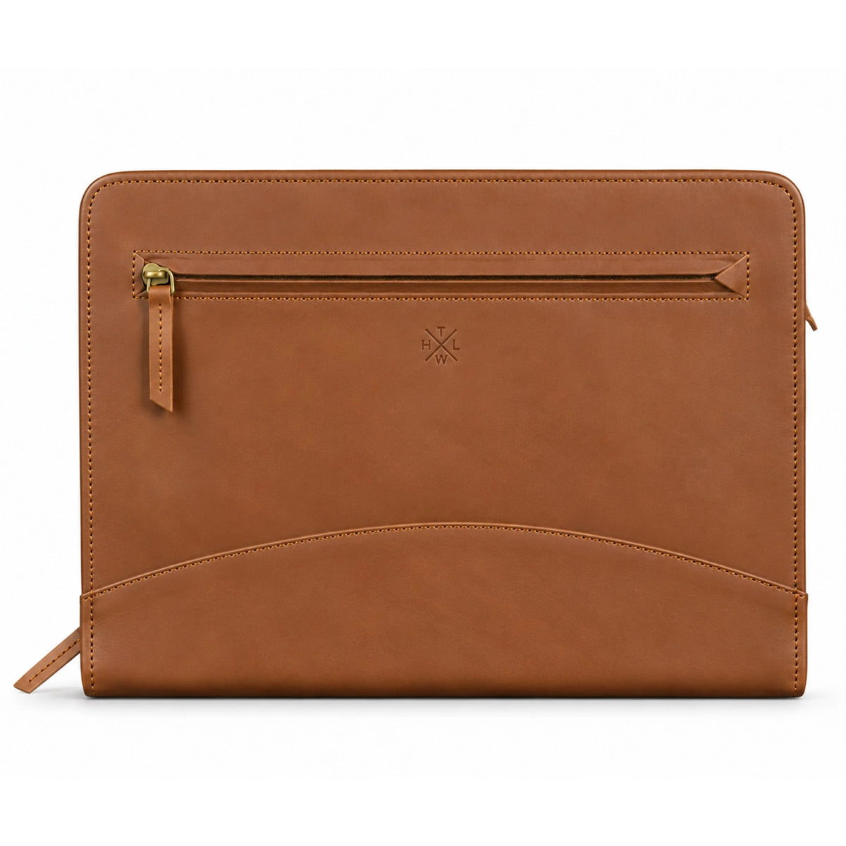 Executive A4 Leather Folder in tan leather with brass zip and embossed logo