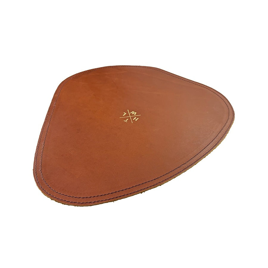 Brown leather mouse pad with a logo on a white background