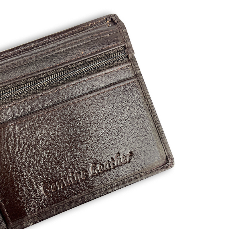 Brown leather wallet with 'Genuine Leather' embossing on a white background