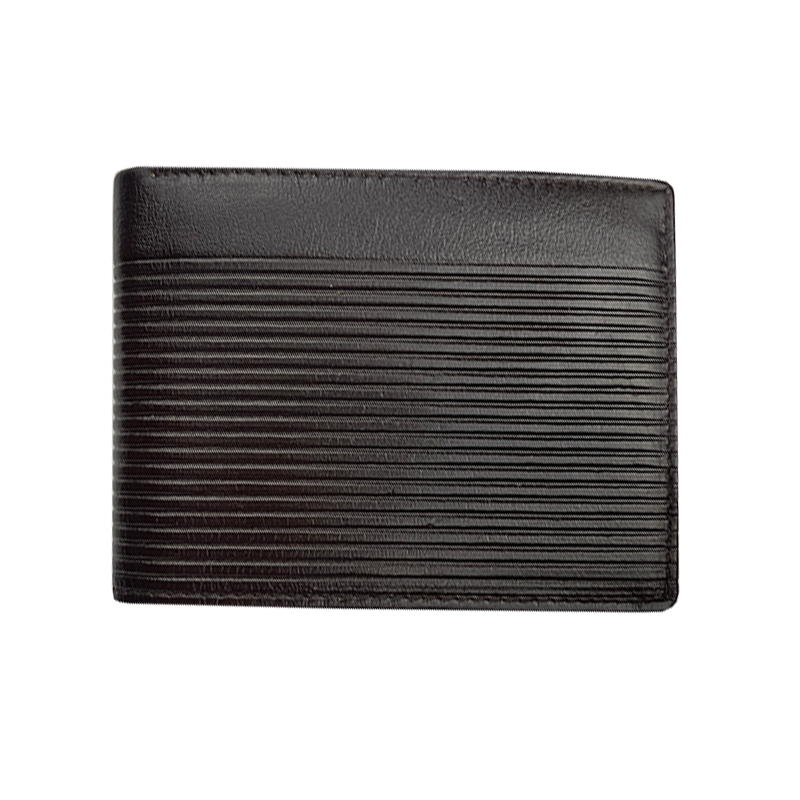 Black leather wallet with ribbed texture on a white background