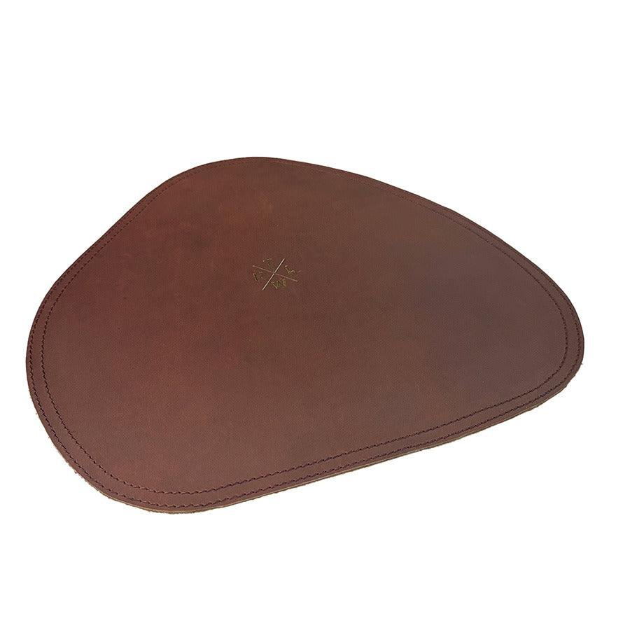 Brown leather mouse pad with a brand logo on a white background