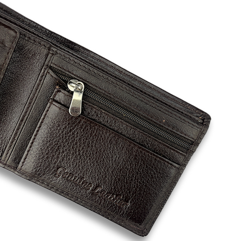 Close-up of a black leather wallet with a zipper on a white background