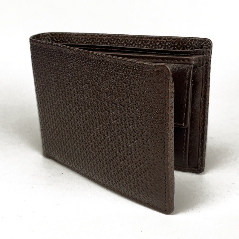 Brown textured leather wallet on a white background