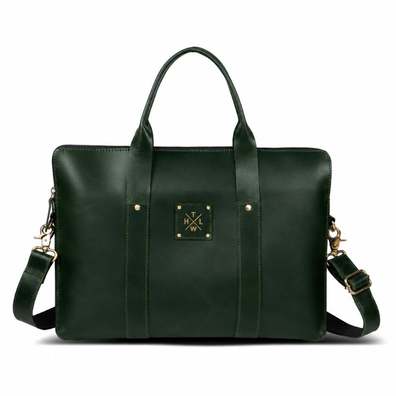 Green leather laptop bag with a visible brand logo on a white background