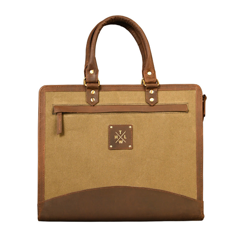 Brown leather and canvas handbag with a visible brand logo on a white background