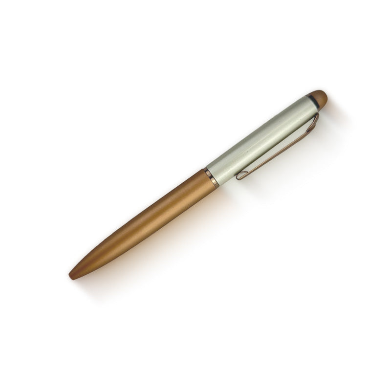 Pen with gold and silver design on a white background