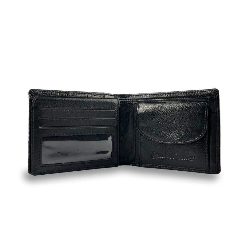 Black leather wallet open on a white background