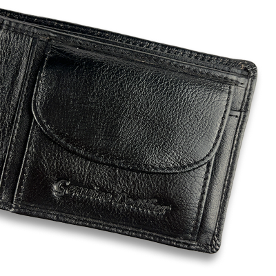 Black leather wallet with a visible brand logo on a white background