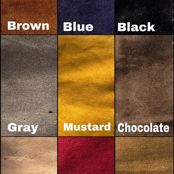 Color swatches of various colors including brown, blue, black, gray, mustard, chocolate, beige, red, and tan.