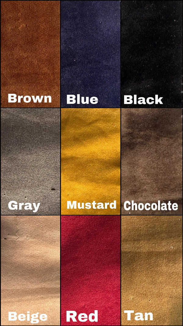 Color swatches of various colors including brown, blue, black, gray, mustard, chocolate, beige, red, and tan.