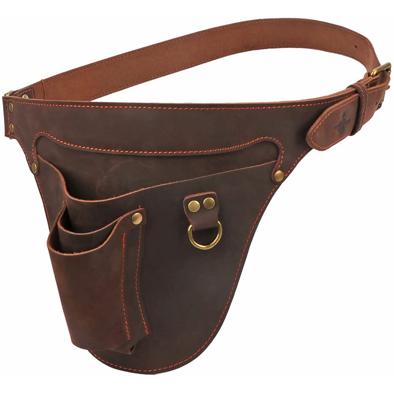 Brown leather belt bag with multiple pockets on a white background