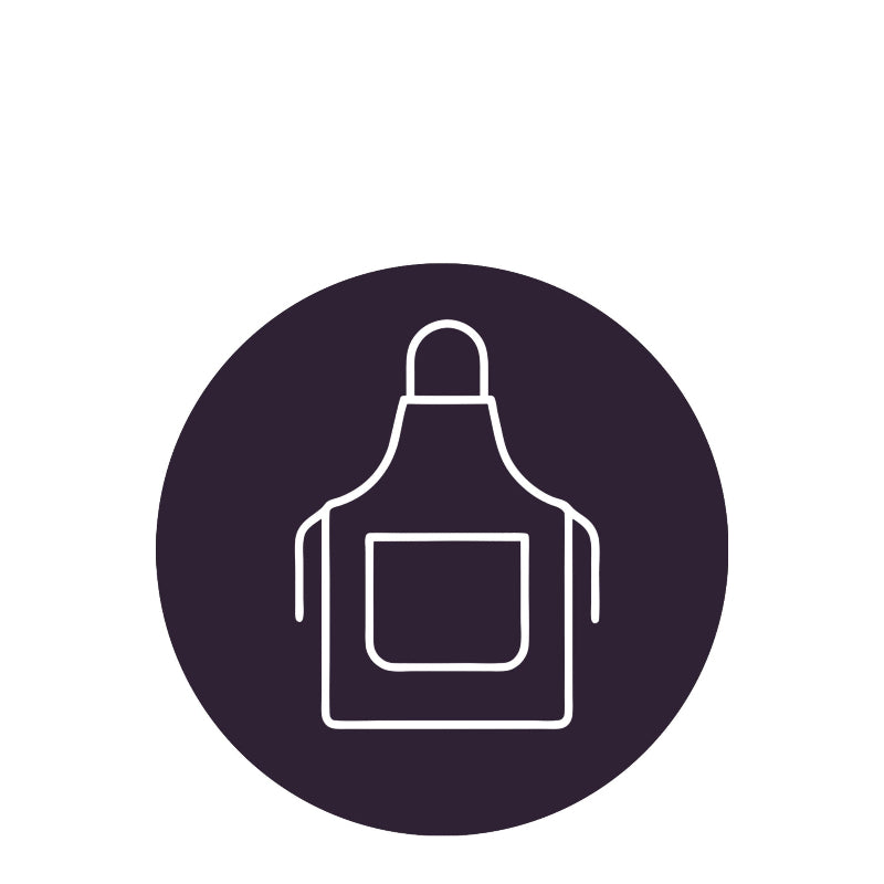 White apron icon on a black circle background
