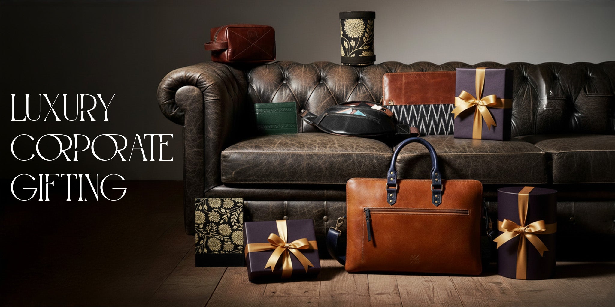 Luxury corporate gifting with leather couch, bags, and decorative items on a dark background.