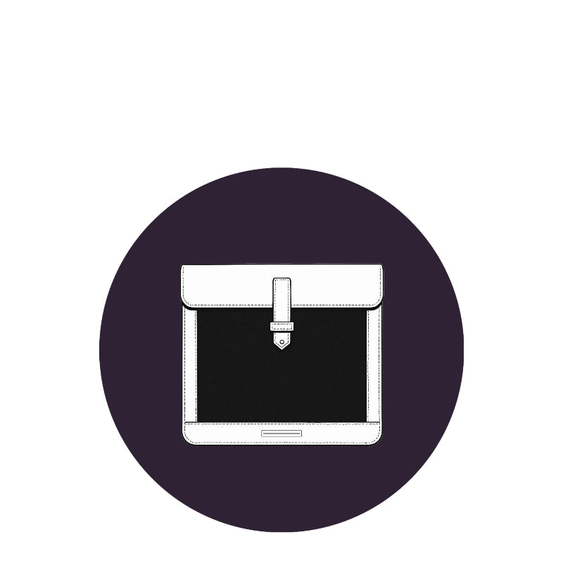 White handbag icon on a purple circle background